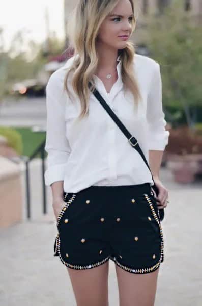 White Chiffon Button Up Shirt with Black Sequin Embroidered Shorts