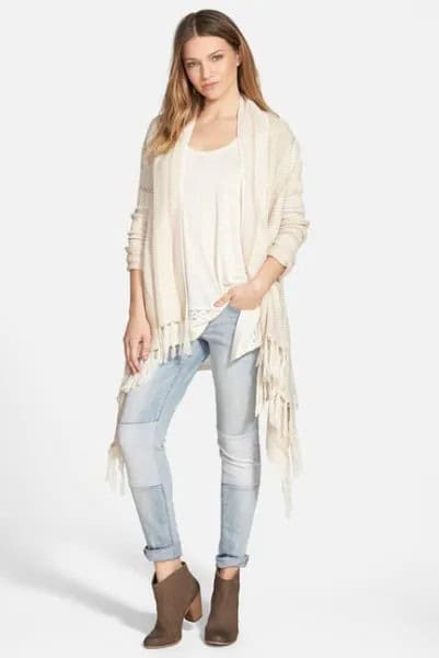 White Cardigan with Cuffed Jeans