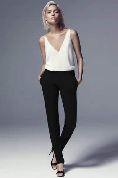 White Deep V Neck Camisole with Black Skinny Dress Pants