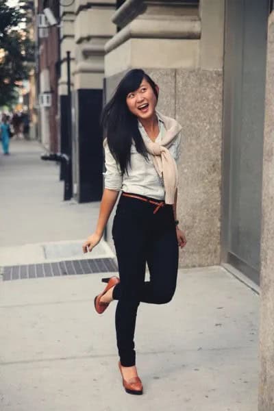 White Blouse with Dark Blue Skinny Jeans