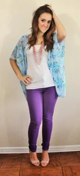 Floral Wide Sleeve Chiffon Blouse with Skinny Jeans & Sandals