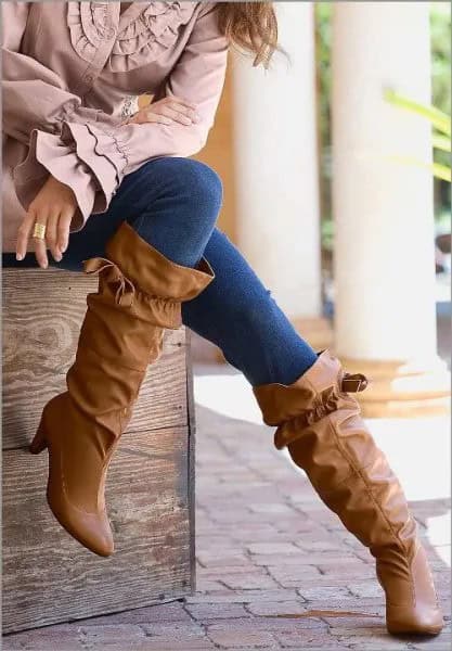 Ruffle Wide Calf Boots with Bell Sleeve Top