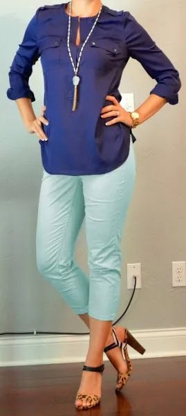 Navy Blue Long Sleeve Keyhole Blouse with White Cropped Pants