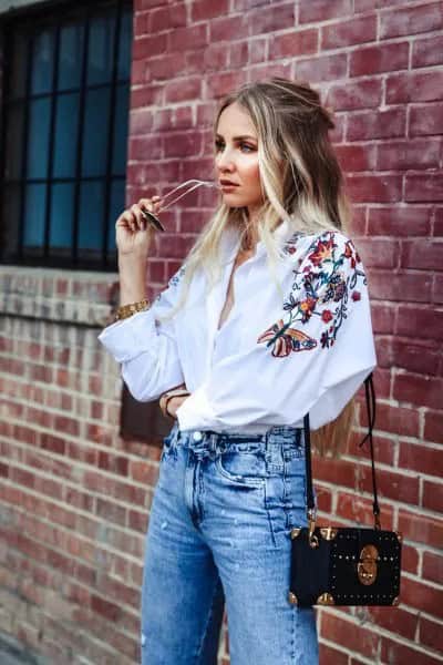 White Button Up Oversized Cute Shirt with Blue Boyfriend Jeans