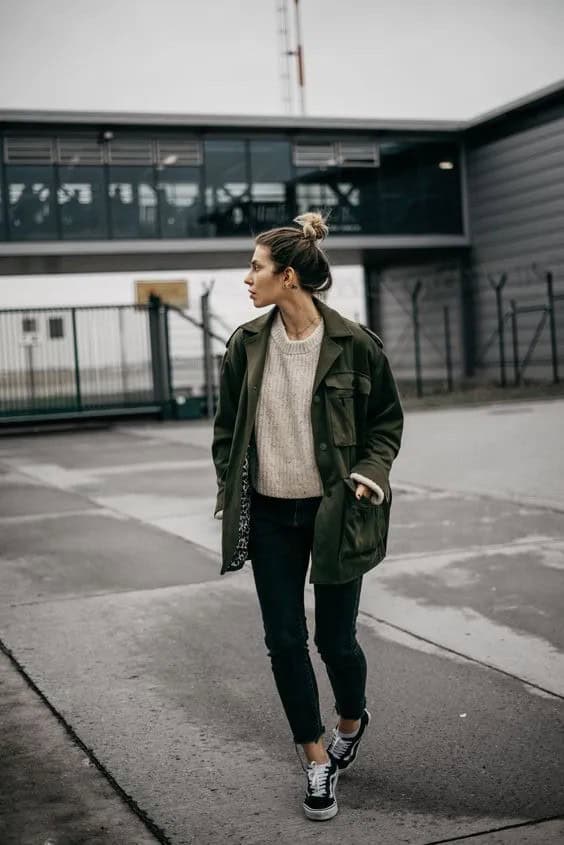 Parka Jacket + Black Sneakers