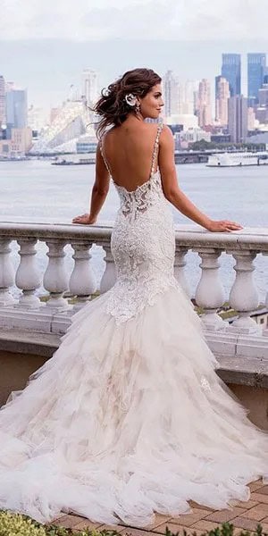 White Low Back Lace and Feather Long Flowy Wedding Dress