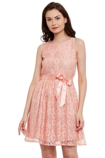 Peach Ribbon Bow Belt Mini Flared Tank Lace Dress