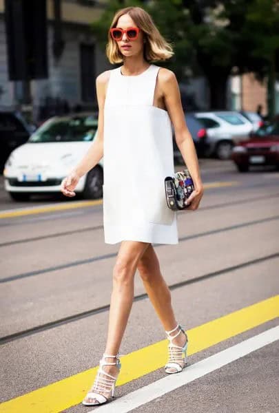 White Tank Shift Mini Dress with Heeled Lace Up Sandals