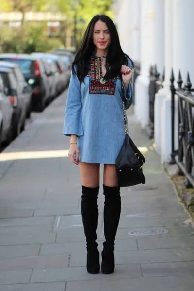 Light Blue Tribal Printed Long Sleeve Denim Tunic