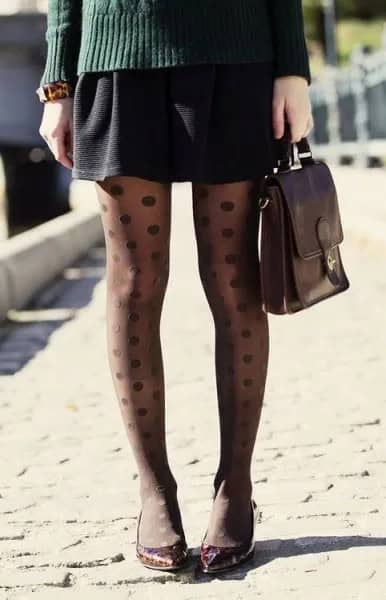 Grey Cable Knit Sweater with Mini Black Skirt & Polka Dot Tights