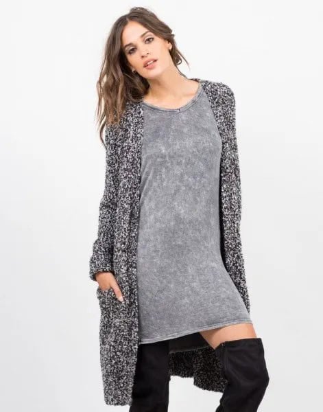 Long Marled Knit Sweater Cardigan with Grey T Shirt Dress