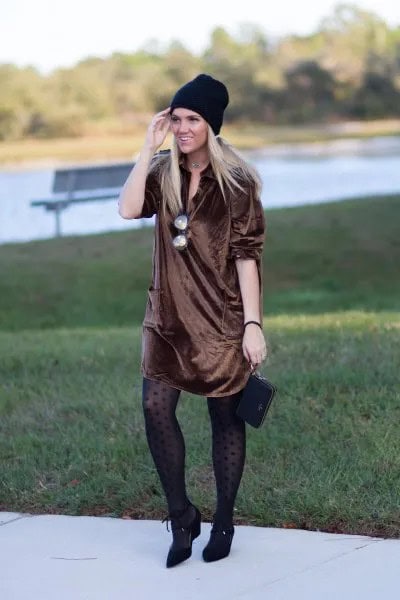 Bronze Silk Shirt Dress with Tights & Pointed Toe Leather Short Boots