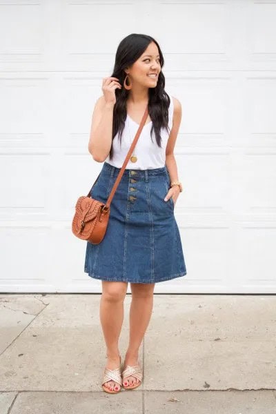 White Scoop Neck Tank Top with Blue Denim Flared Knee Length Skirt