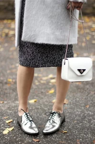 White Wool Coat with Black Printed Midi Shift Dress & Silver Dress Shoes