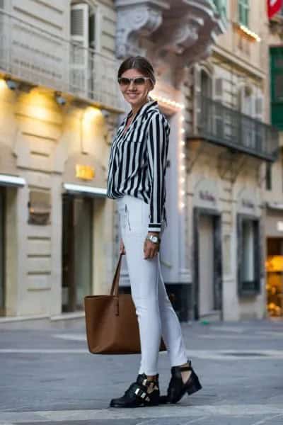 Black and Light Grey Striped Button Up Shirt with White Skinny Jeans