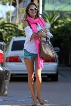 White Cold Shoulder Tee with Pale Pink Scarf with Denim Mini Shorts