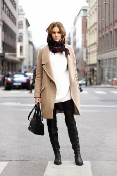 Blush Pink Wool Coat with White Tunic Chunky Sweater & Scarf