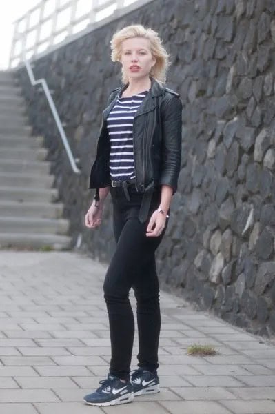 Striped Tee with Black Leather Jacket with Navy Sneakers