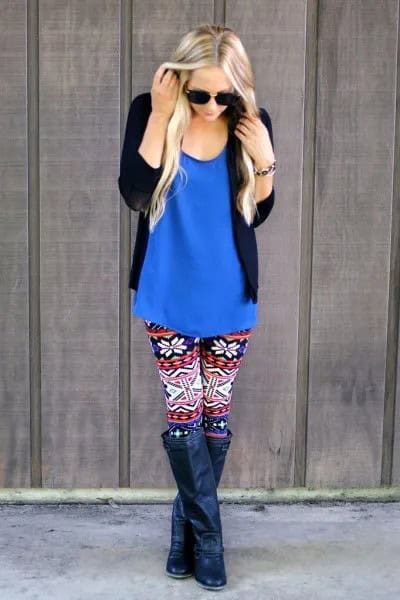 Royal Blue Tank Top with Christmas Patterned Leggings