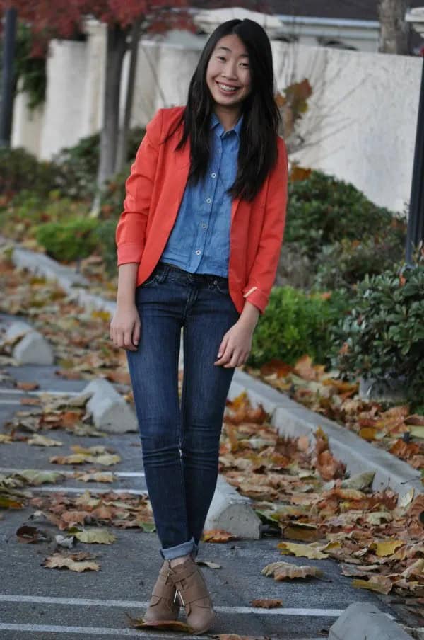 Orange Blazer Jacket with Chambray Shirt & Dark Jeans