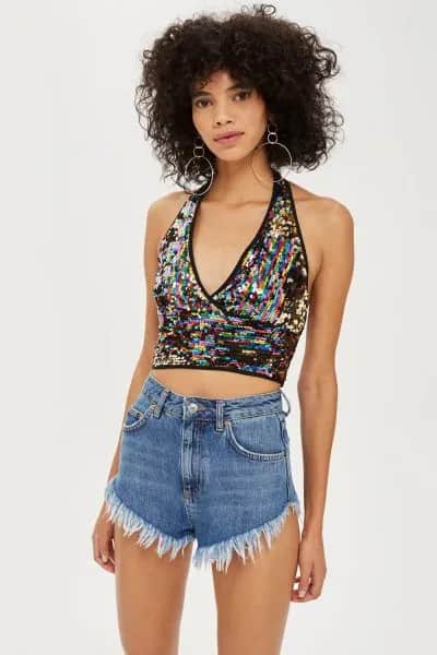 Silver and Black Patterned Metallic Halter Top with High Rise Blue Denim Shorts