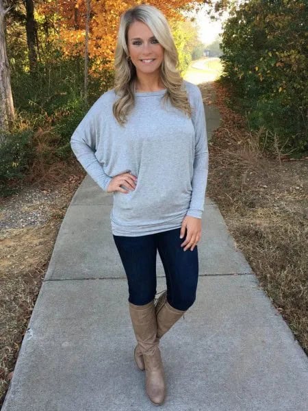 Grey Dolman Sleeve Boat Neck Sweater with Boots