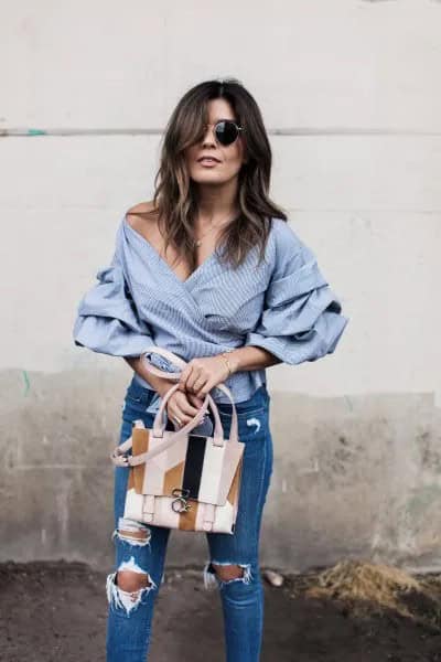 Off The Shoulder Blue and White Striped Wrap Shirt