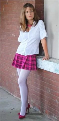 Button Up Shirt with Pink Plaid Skirt & White Leggings