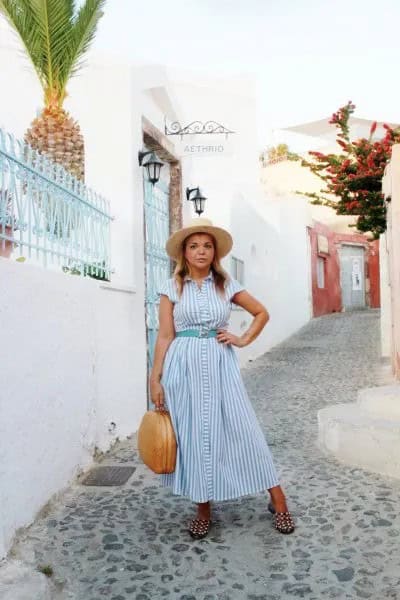 Light Blue and White Striped Maxi Button Up Dress with Matching Belt