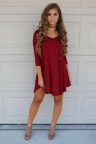 Burgundy Shift Dress with Red Choker