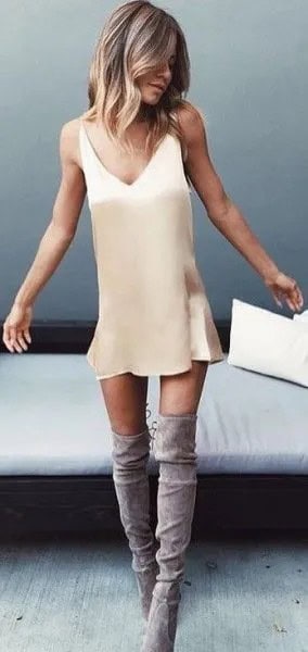 Blush Pink Mini Slip Dress with Grey Suede Thigh High Boots