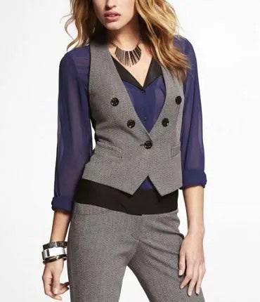 Navy Blue Chiffon Blouse with Grey Slim Fit Short Vest