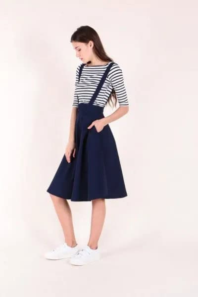 Black and White Striped T Shirt with Midi Suspender Skater Skirt