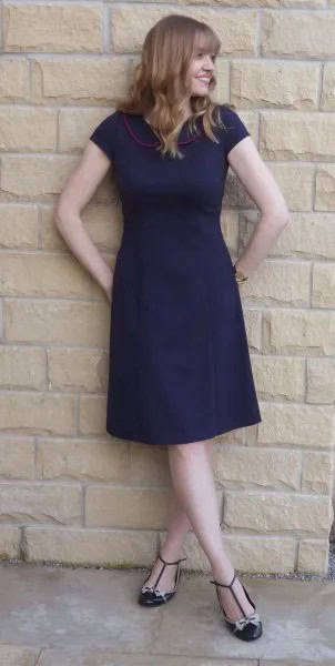 Navy Blue Short Sleeve Fit and Flare Knee Length Dress with Strappy Flats