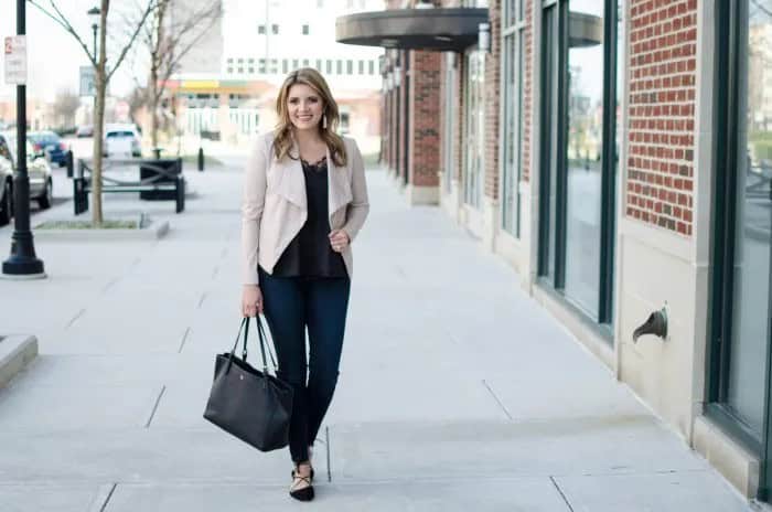 Pale Pink Leather Jacket with Black Silk Camisole