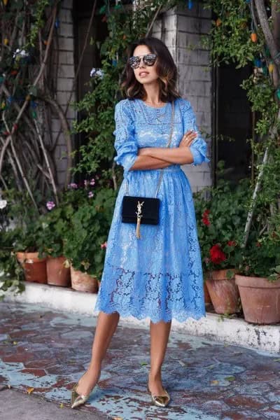 Blue Lace Gathered Waist Midi Dress with Silver Pointed Toe Heels