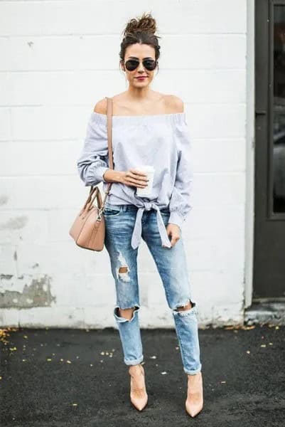 Light Blue Knotted Off The Shoulder Blouse with Heavily Ripped Jeans