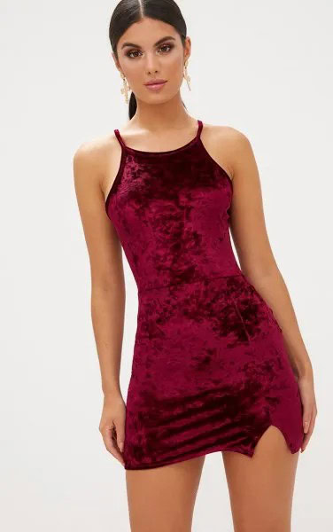 Wine Velvet Halter Bodycon Mini Dress