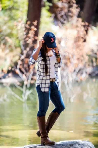 Navy and White Plaid Shirt & Brown Leather Knee High Boots