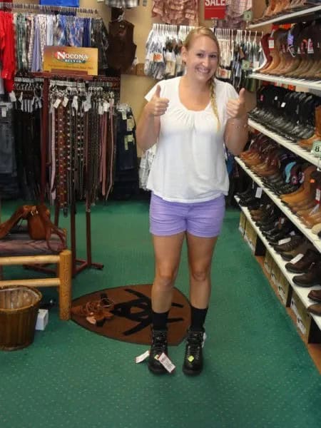 White Scoop Neck Blouse with Sky Blue Shorts & Mid-Calf Square Toe Black Boots