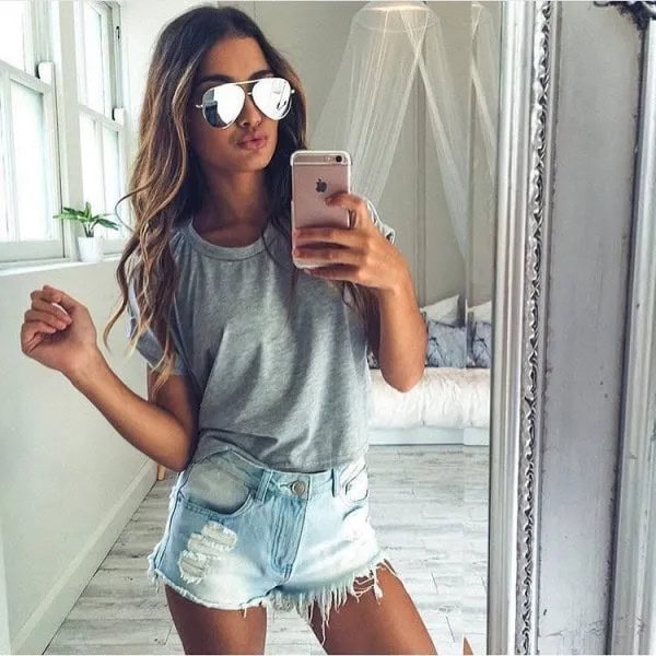 Grey T Shirt with Light Blue Ripped Jean Shorts