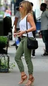 White Tank Top with Army Green Cuffed Pants & Wedge Sandals