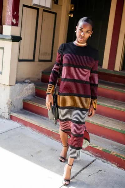 Long Sleeve Midi Color Block Shift Dress