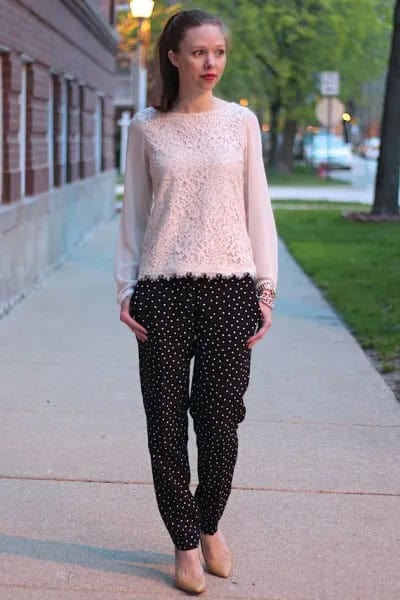 White Lace Blouse with Black Polka Dot Pants