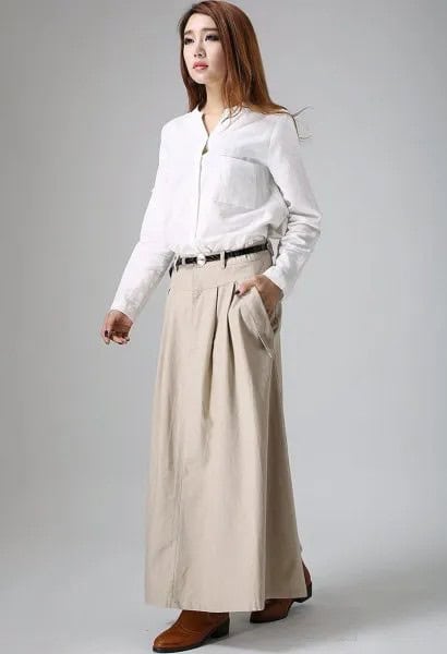 White Button Up Shirt with Beige Maxi Khaki Skirt