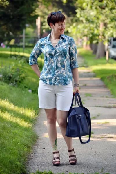 Grey and White Tie Dye Button Up Slim Fit Shirt with Shorts