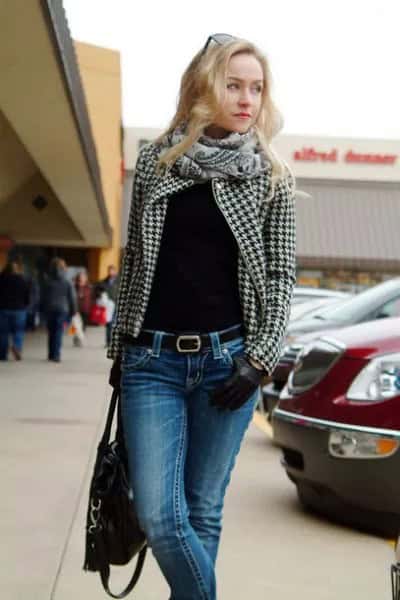 Black and White Checkered Blazer with Blue Skinny Jeans