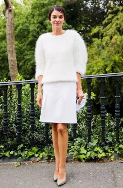 Fuzzy Sweater with White Knee Length Straight Cut Skirt