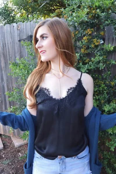 Black Camisole with Purple Long Cardigan