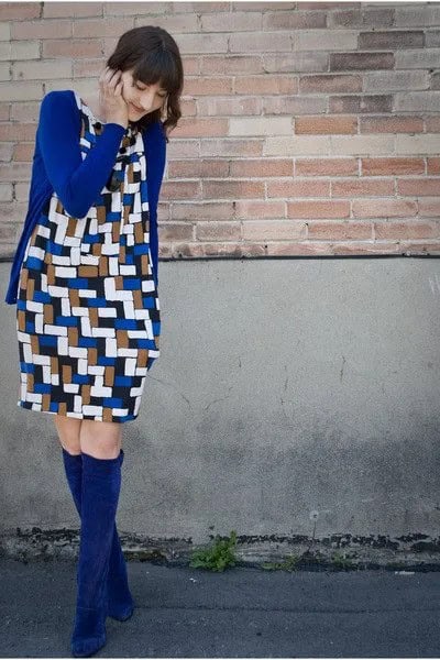 Blue Printed Long Sleeve Shift Dress with Knee High Boots